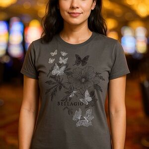 Bellagio Las Vegas Butterfly Floral Graphic Tee Silver Gray Cotton M